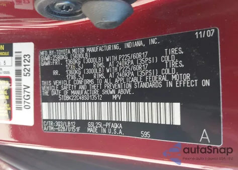 2008 Toyota Sienna Xle из США, поврежденный, VIN 5TDBK22C48S013512